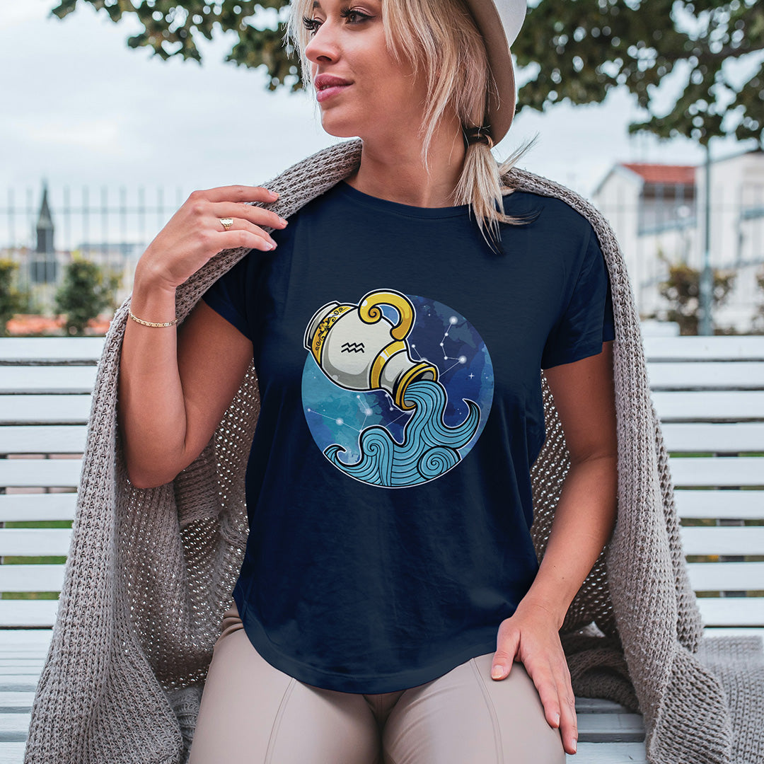 Navy Round Neck Classic Printed Classic T-Shirt Aquarius Horoscope | Women