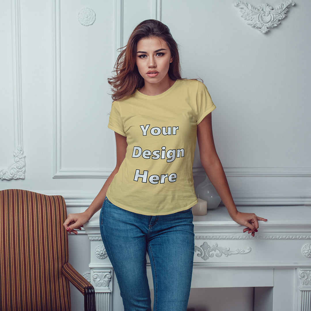Beige Round Neck Classic Customized T-Shirt Front Design | Women