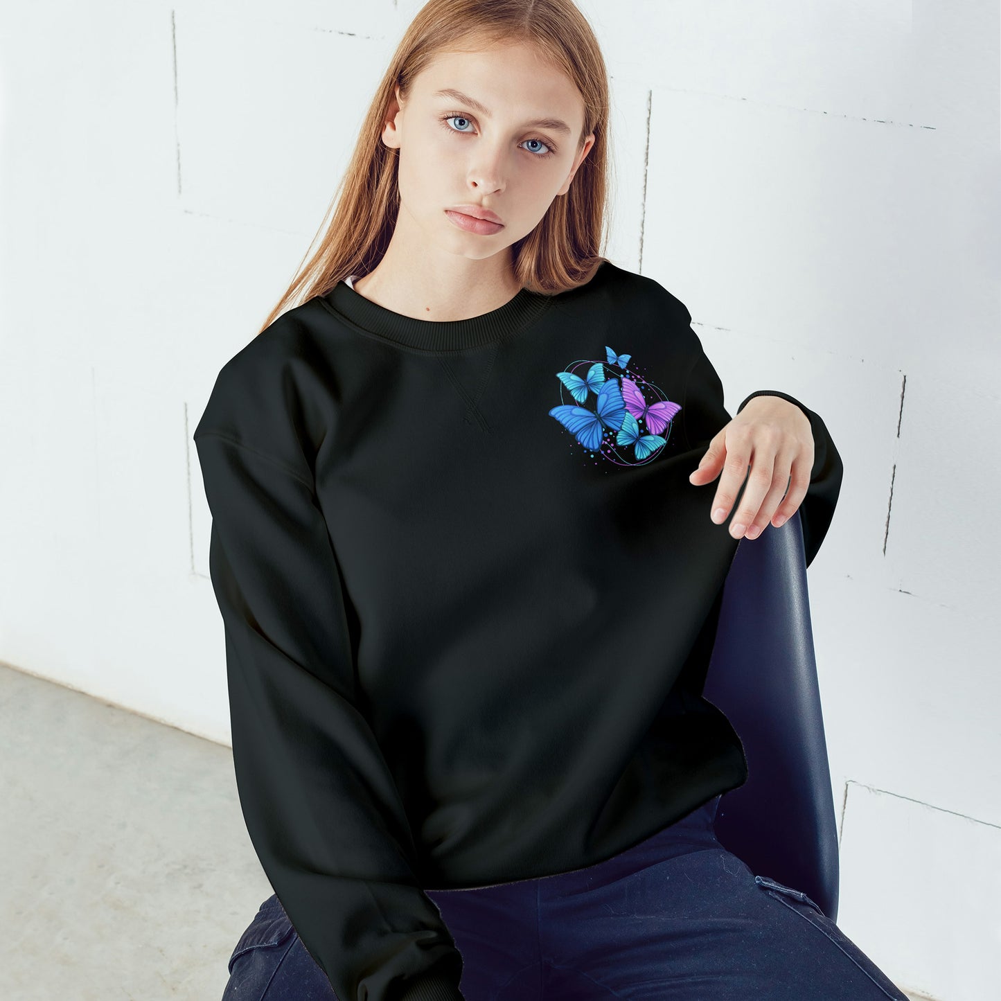 Black Cotton Printed Unisex Sweatshirt Butterflies