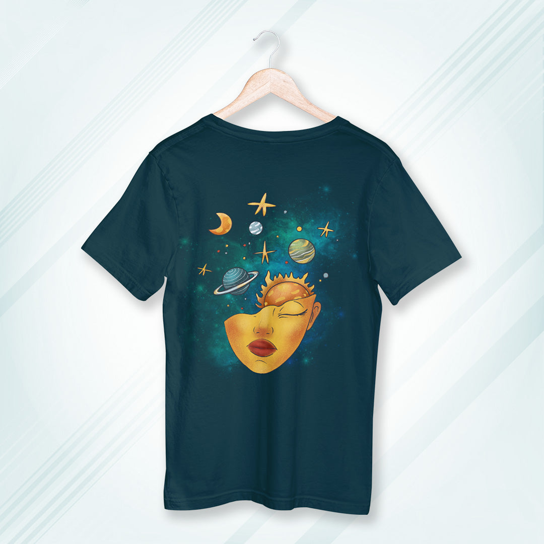 Petrol Blue Round Neck Oversized Cotton Printed T-shirt - Cosmic Serenity