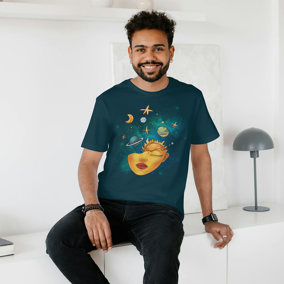 Petrol Blue Round Neck Oversized Cotton Printed T-shirt - Cosmic Serenity