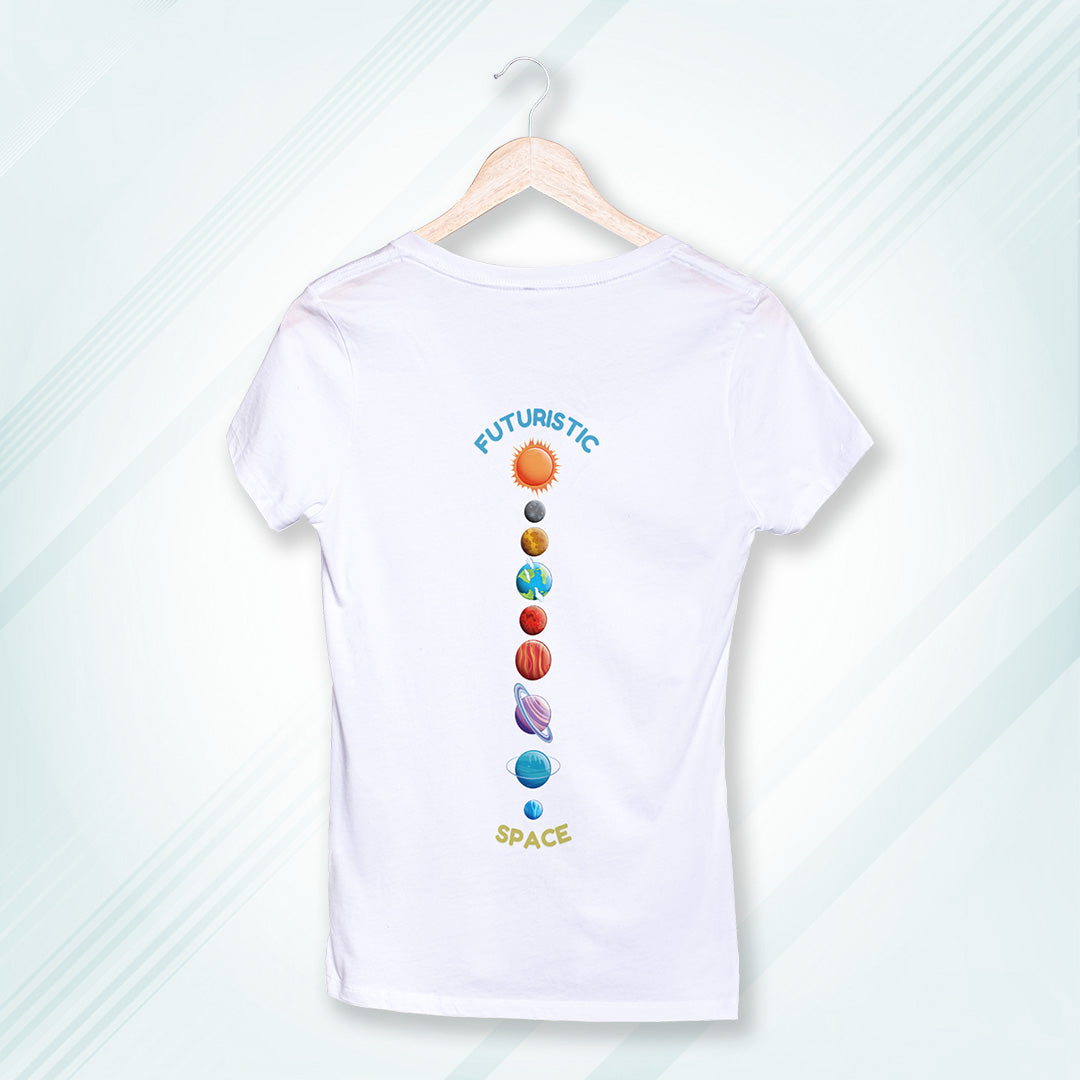 White Round Neck Classic Printed Classic T-Shirt Futuristic Space | Women