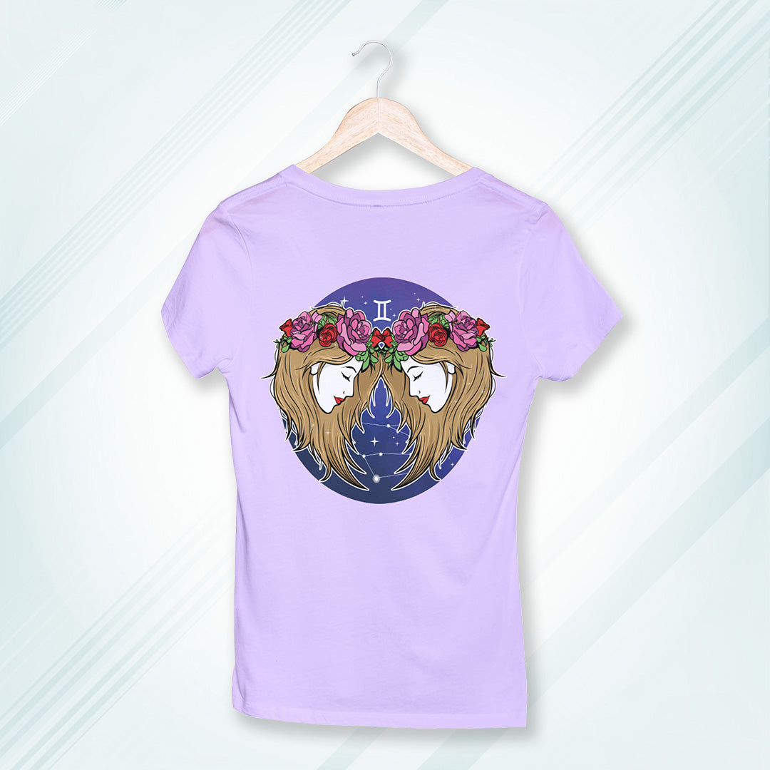 Lavender Round Neck Classic Printed Classic T-Shirt Gemini Horoscope | Women
