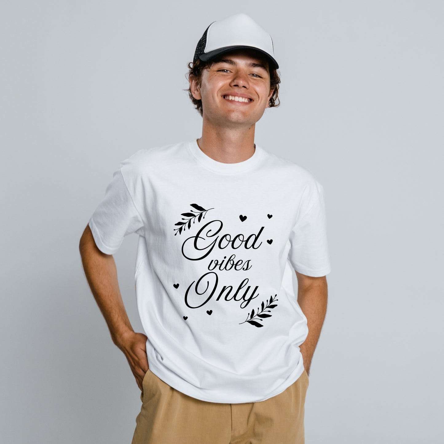 White Round Neck Classic Crew Solid T-shirt Good vibes Only