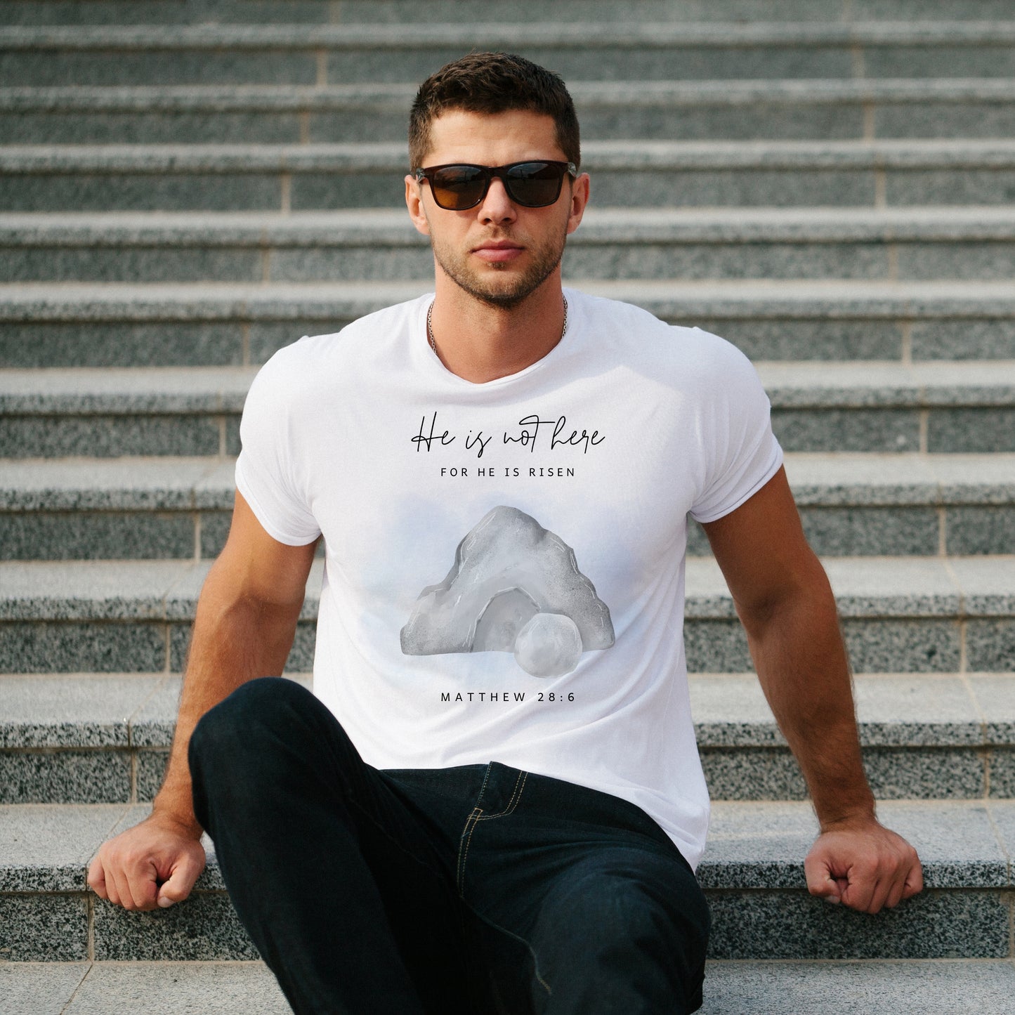 White Round Neck Classic Crew Solid T-shirt Jesus He is not Here for He is Risen