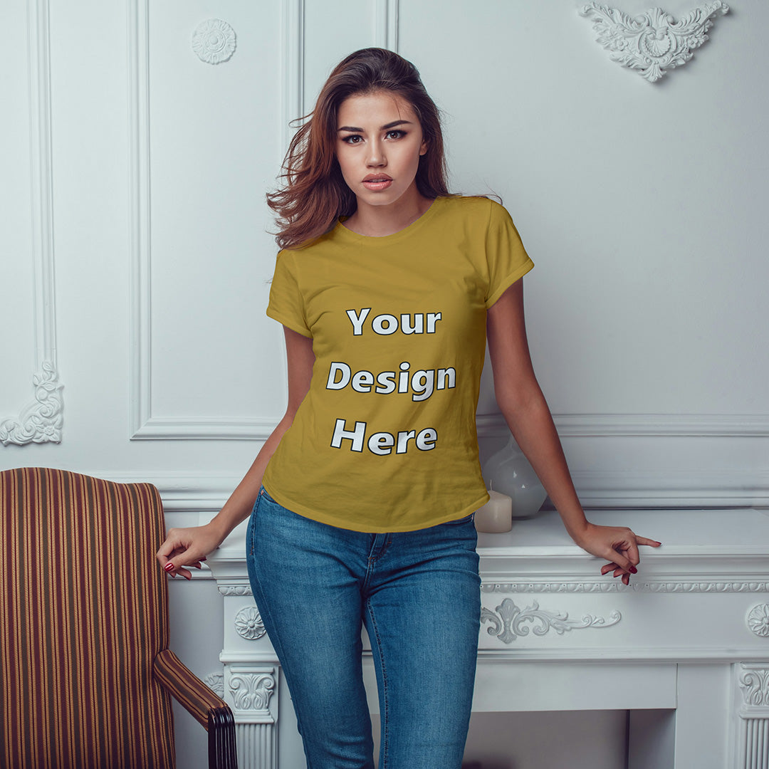 Mustard Yellow Round Neck Classic Customized T-Shirt Front Design | Women