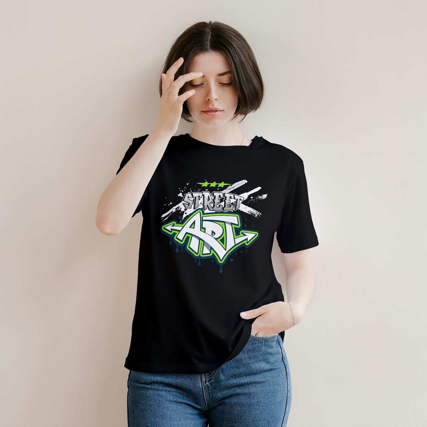 Black Round Neck Oversized Cotton Printed T-shirt Neon Street Art Unisex