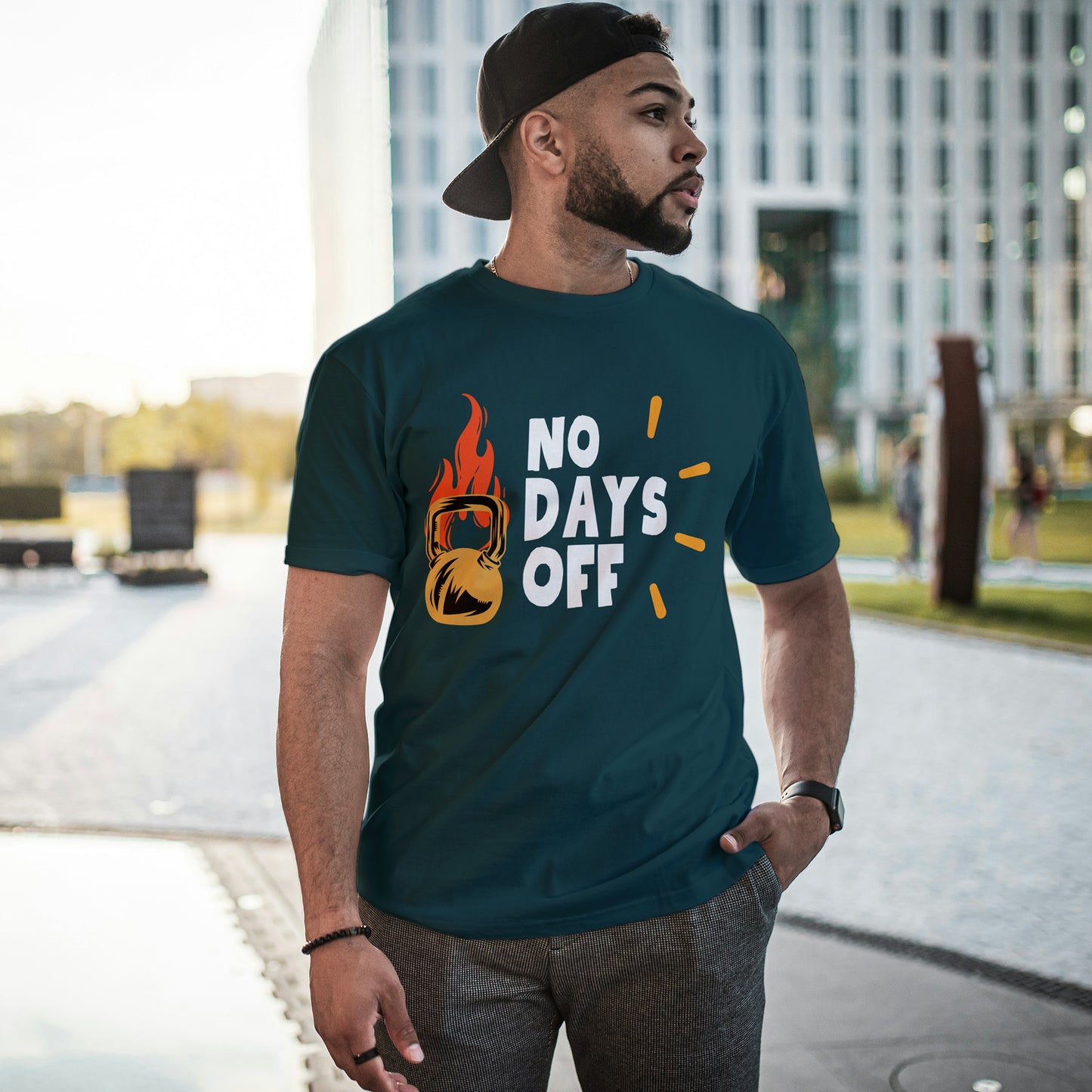 Petrol Blue Round Neck Oversized Cotton Printed T-shirt No Days Off Unisex
