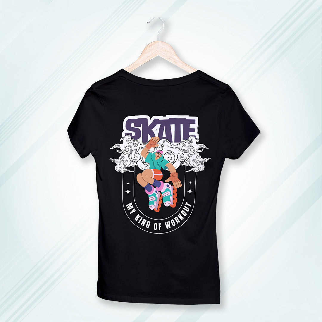 Black Round Neck Classic Printed Classic T-Shirt Roller Skate | Women