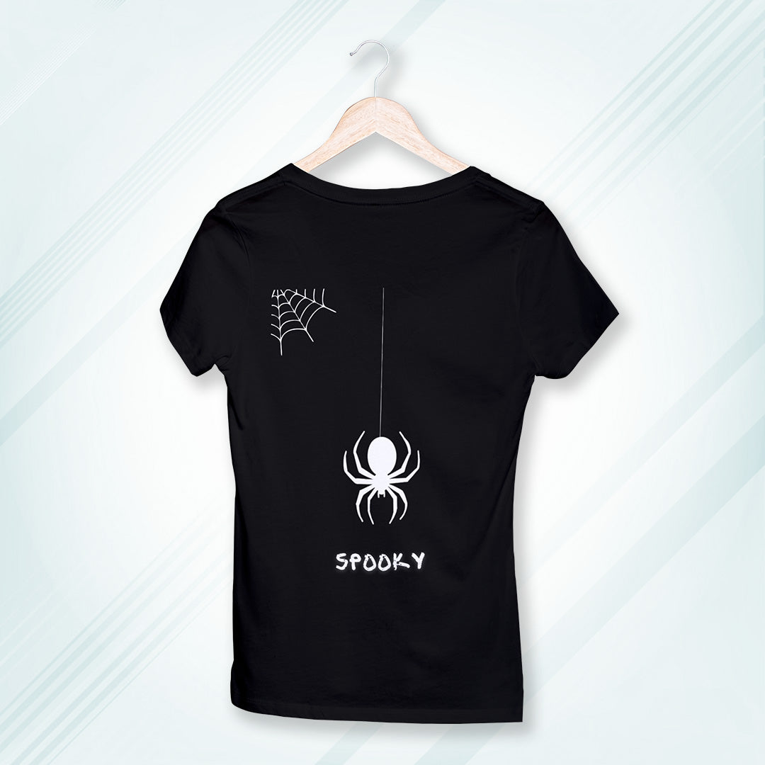 Black Round Neck Classic Printed Classic T-Shirt Spooky Spider | Women