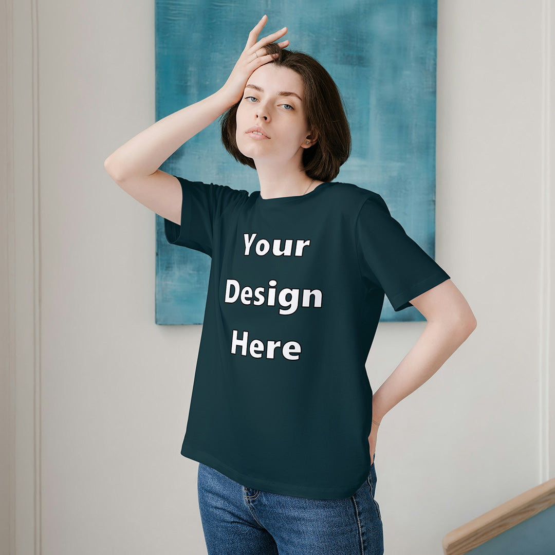 Petrol Blue Round Neck Cotton Classic Crew T-shirt Front Customized Design | Unisex
