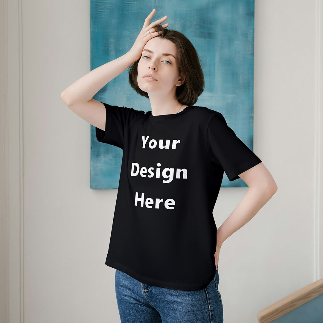 Black Round Neck Cotton Classic Crew T-shirt Front Customized Design | Unisex