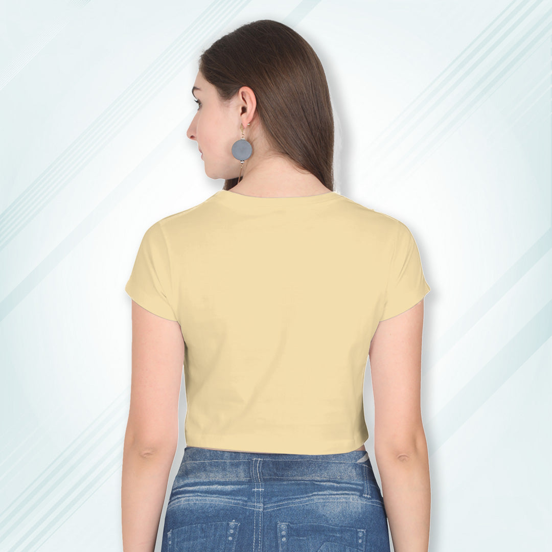 Beige Cotton Plain Round Neck Half Sleeve Crop Top | Women