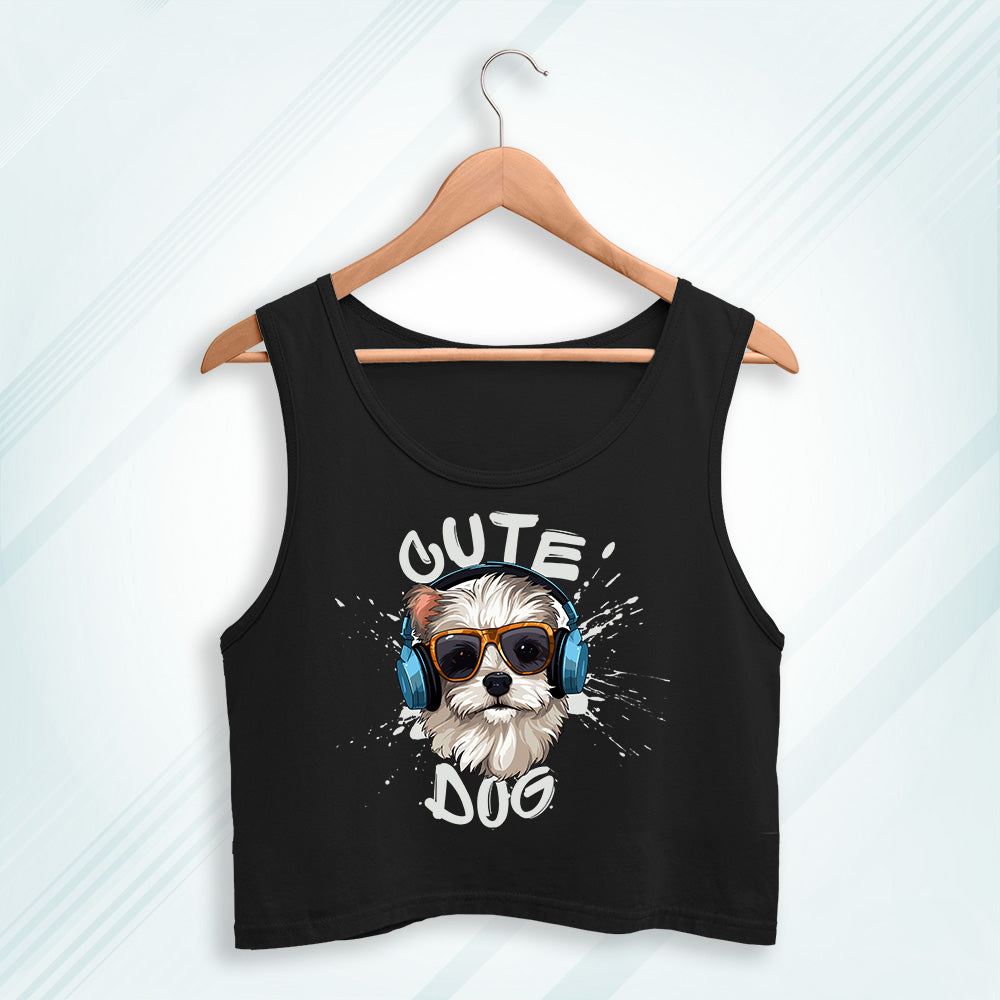 Black Cotton Cute Dog Printed Sleeveless Crop Tank | Women