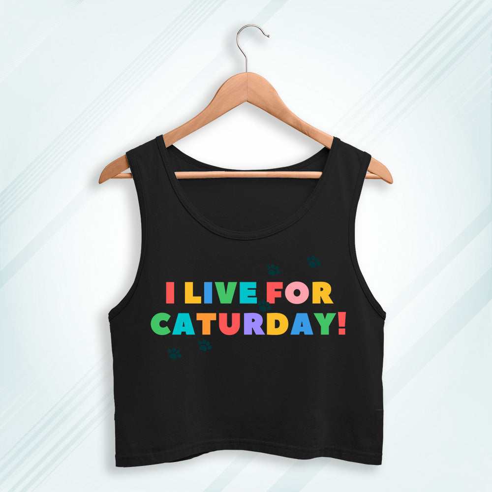 Black Cotton I Live For Caturday Printed Sleeveless Crop Tank | Women