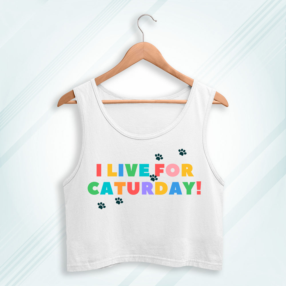 White Cotton I Live For Caturday Printed Sleeveless Crop Tank | Women