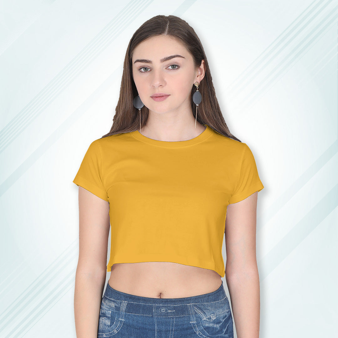 Golden Yellow Cotton Plain Round Neck Half Sleeve Crop Top | Women