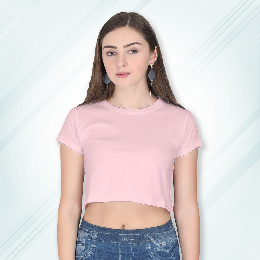 Light Pink Cotton Plain Round Neck Half Sleeve Crop Top | Women