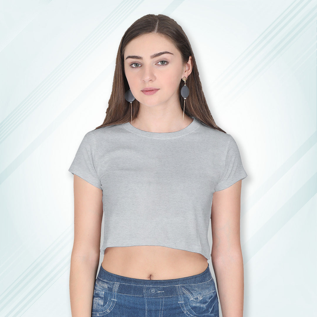 Grey Melange Cotton Plain Round Neck Half Sleeve Crop Top | Women