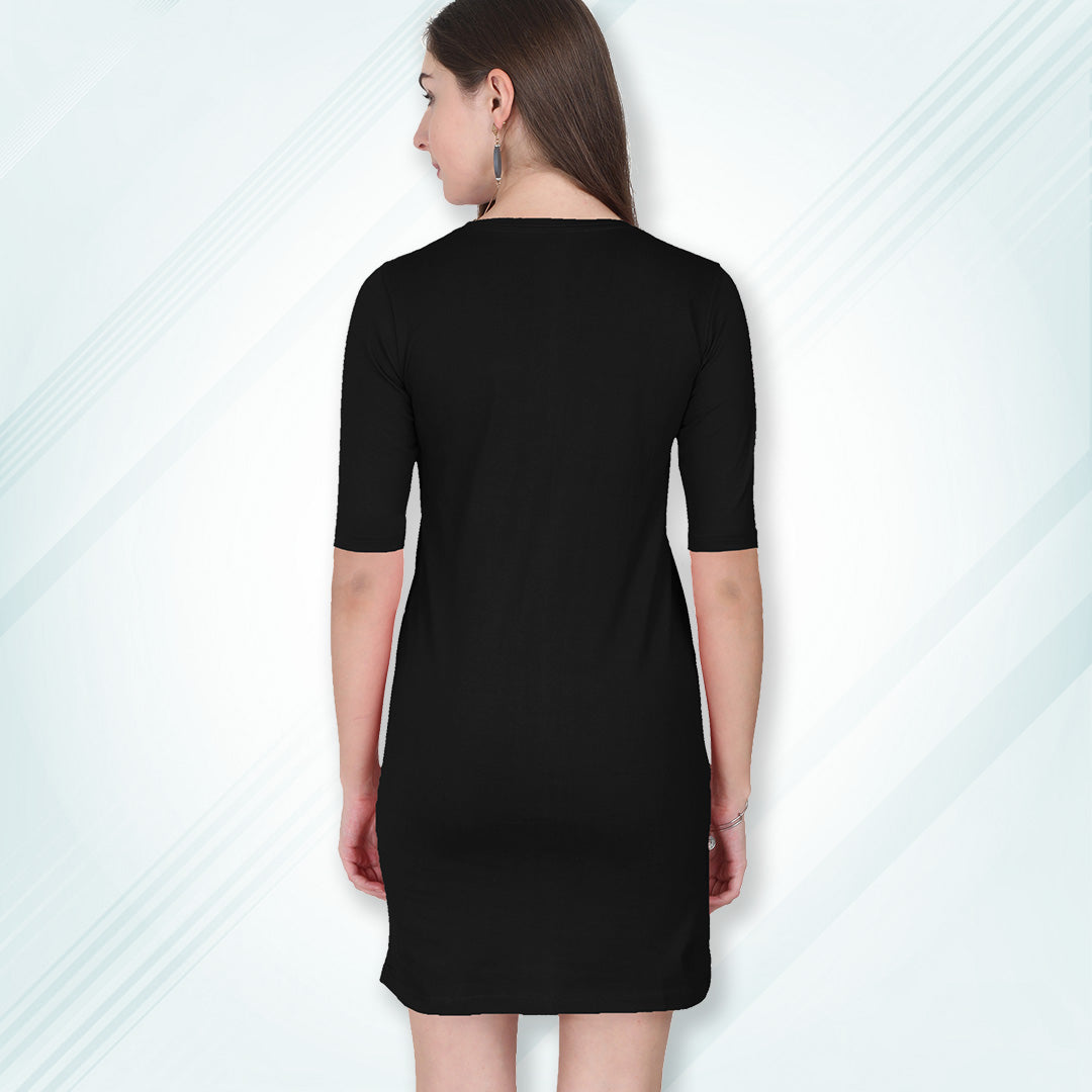 Black Long T-Shirt Dress | Knee Length 3/4 Quarter Sleeves Cotton Tops with Side Pockets | Women