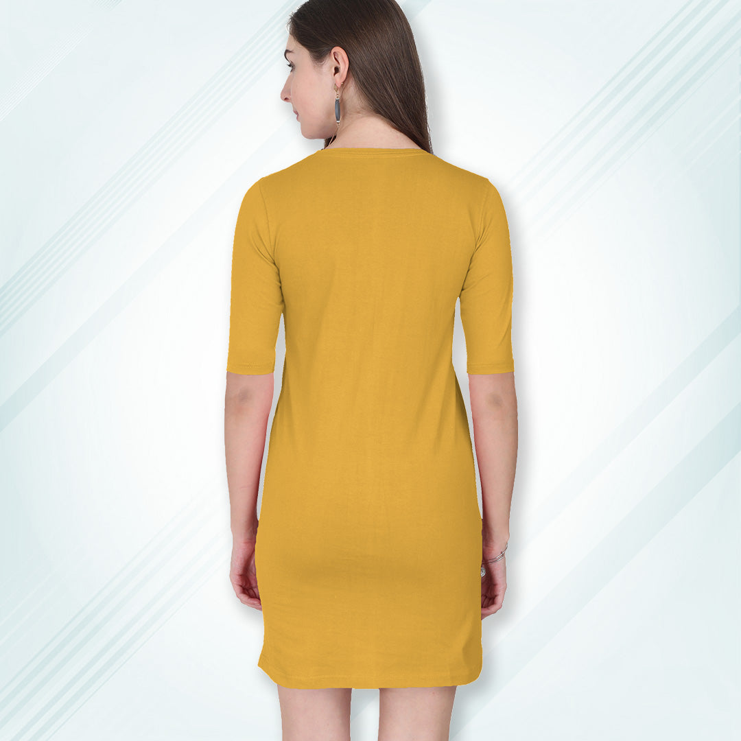 Golden Yellow Long T-Shirt Dress | Knee Length 3/4 Quarter Sleeves Cotton Tops with Side Pockets | Women