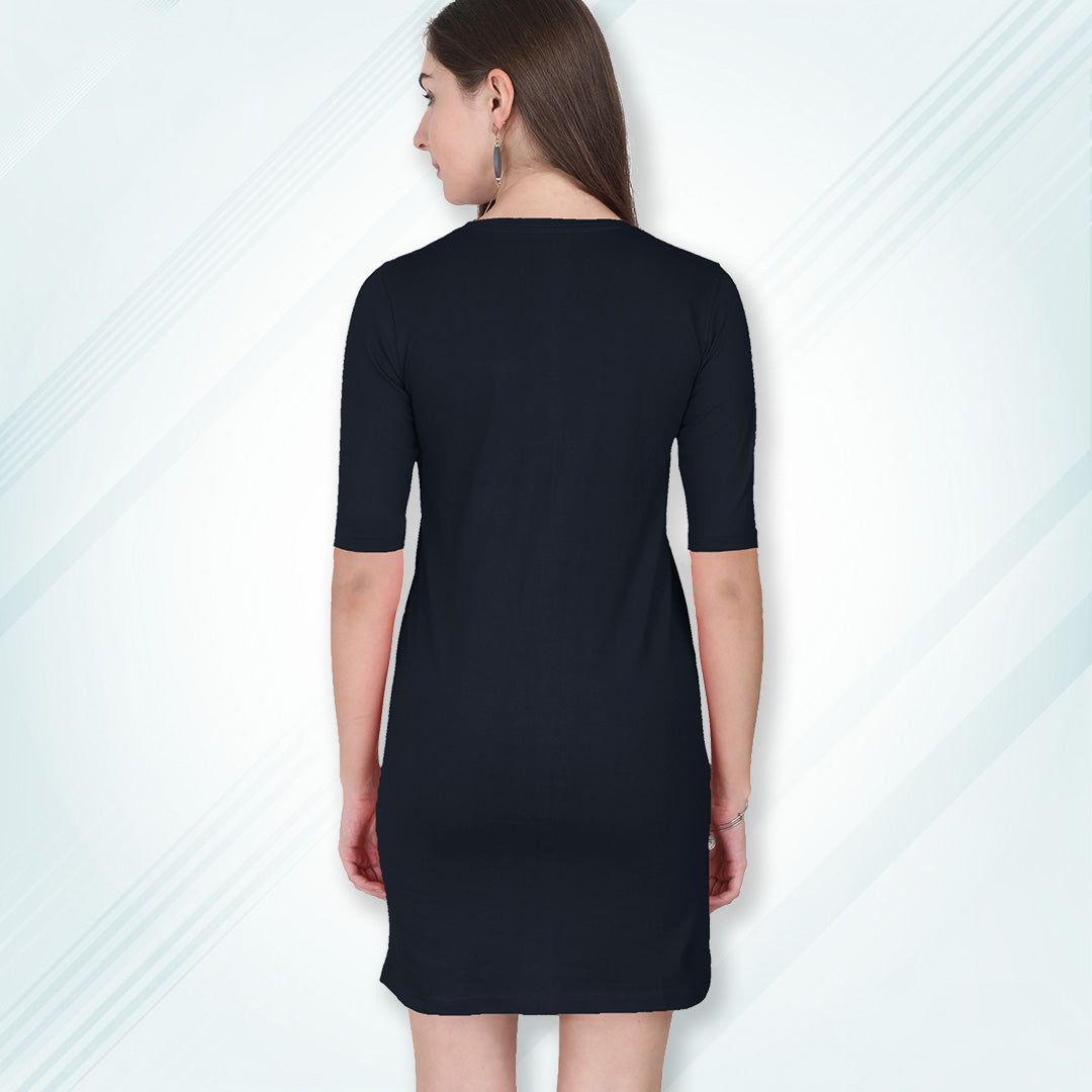 Navy Long T-Shirt Dress | Knee Length 3/4 Quarter Sleeves Cotton Tops with Side Pockets | Women
