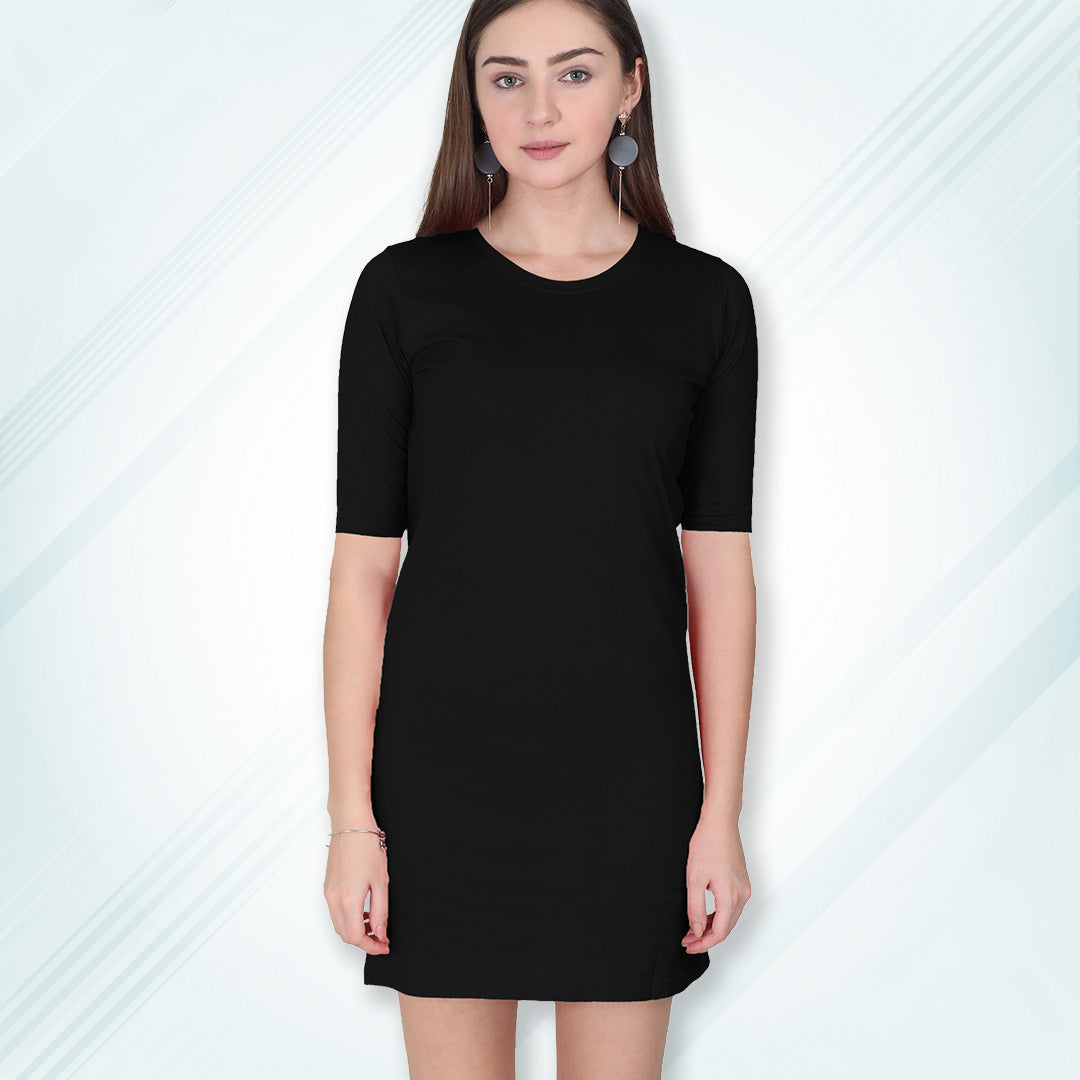 Black Long T-Shirt Dress | Knee Length 3/4 Quarter Sleeves Cotton Tops with Side Pockets | Women