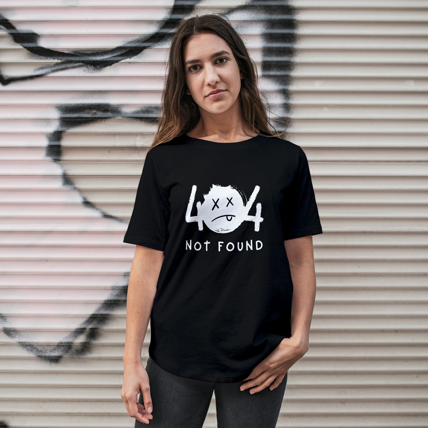 Black Round Neck Oversized Cotton Printed T-shirt 404 Not Found Unisex