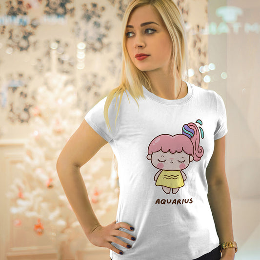 White Round Neck Classic Printed Classic T-Shirt Cute Aquarius Horoscope | Women