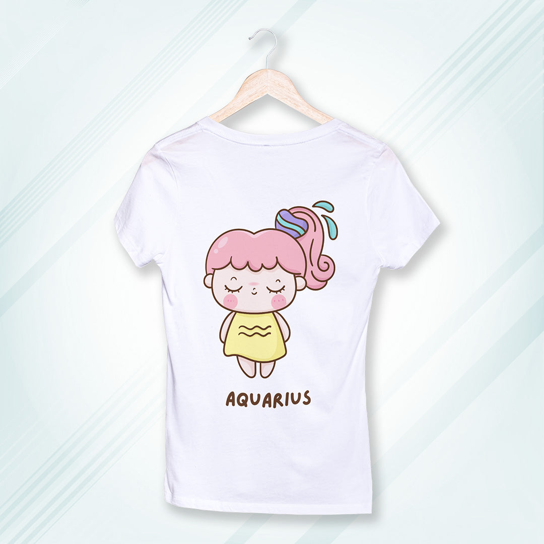 White Round Neck Classic Printed Classic T-Shirt Cute Aquarius Horoscope | Women