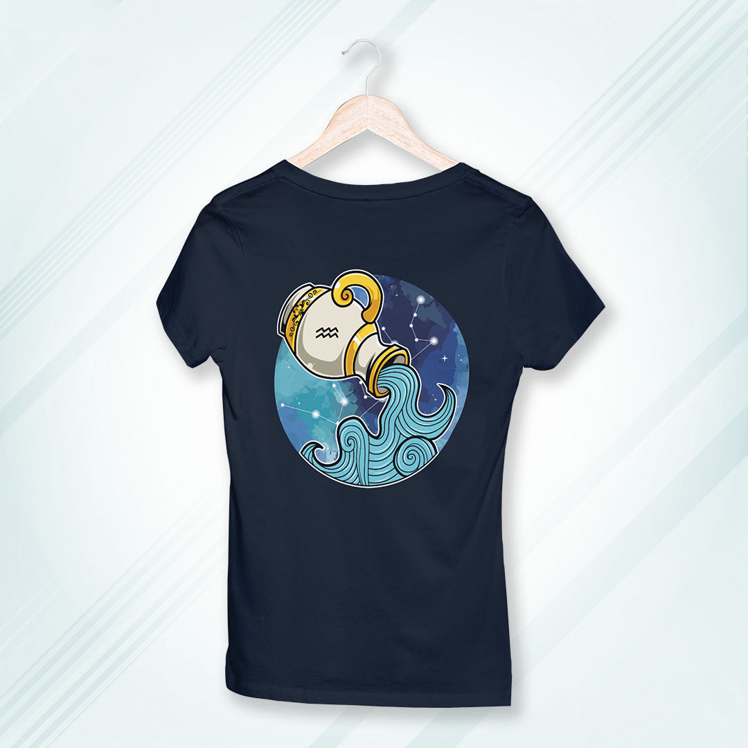 Navy Round Neck Classic Printed Classic T-Shirt Aquarius Horoscope | Women