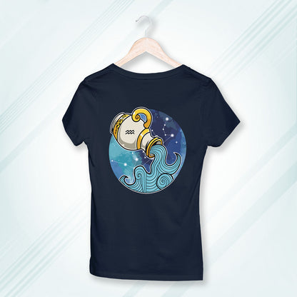 Navy Round Neck Classic Printed Classic T-Shirt Aquarius Horoscope | Women