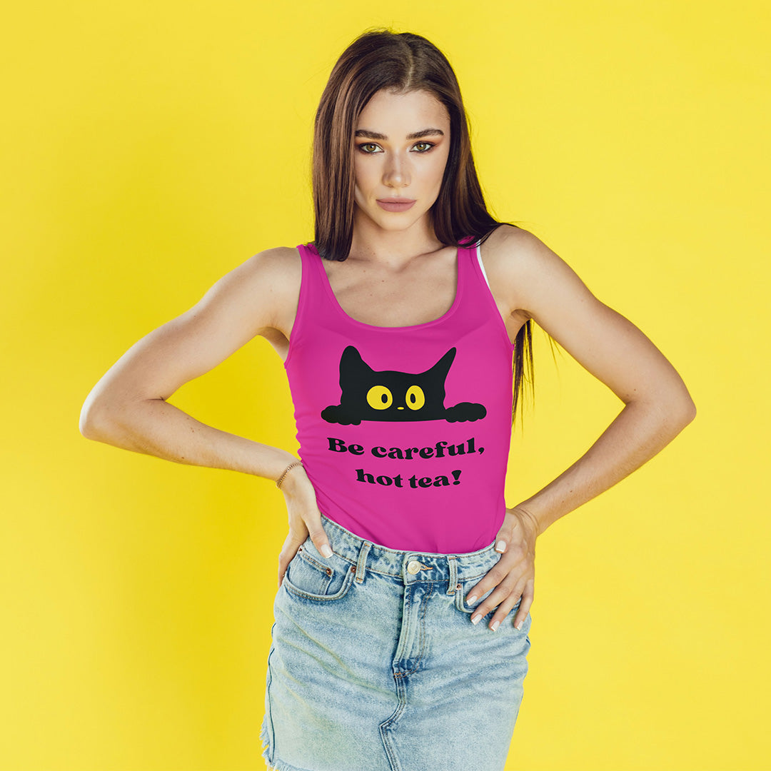 Pink Regular Fit Tank Top Be Careful Hot Tea Cat | Women