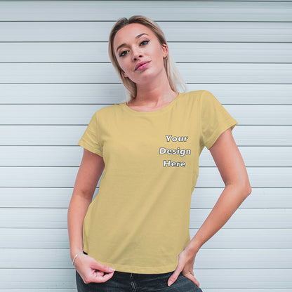 Beige Round Neck Classic Customized T-Shirt Front Pocket Design | Women