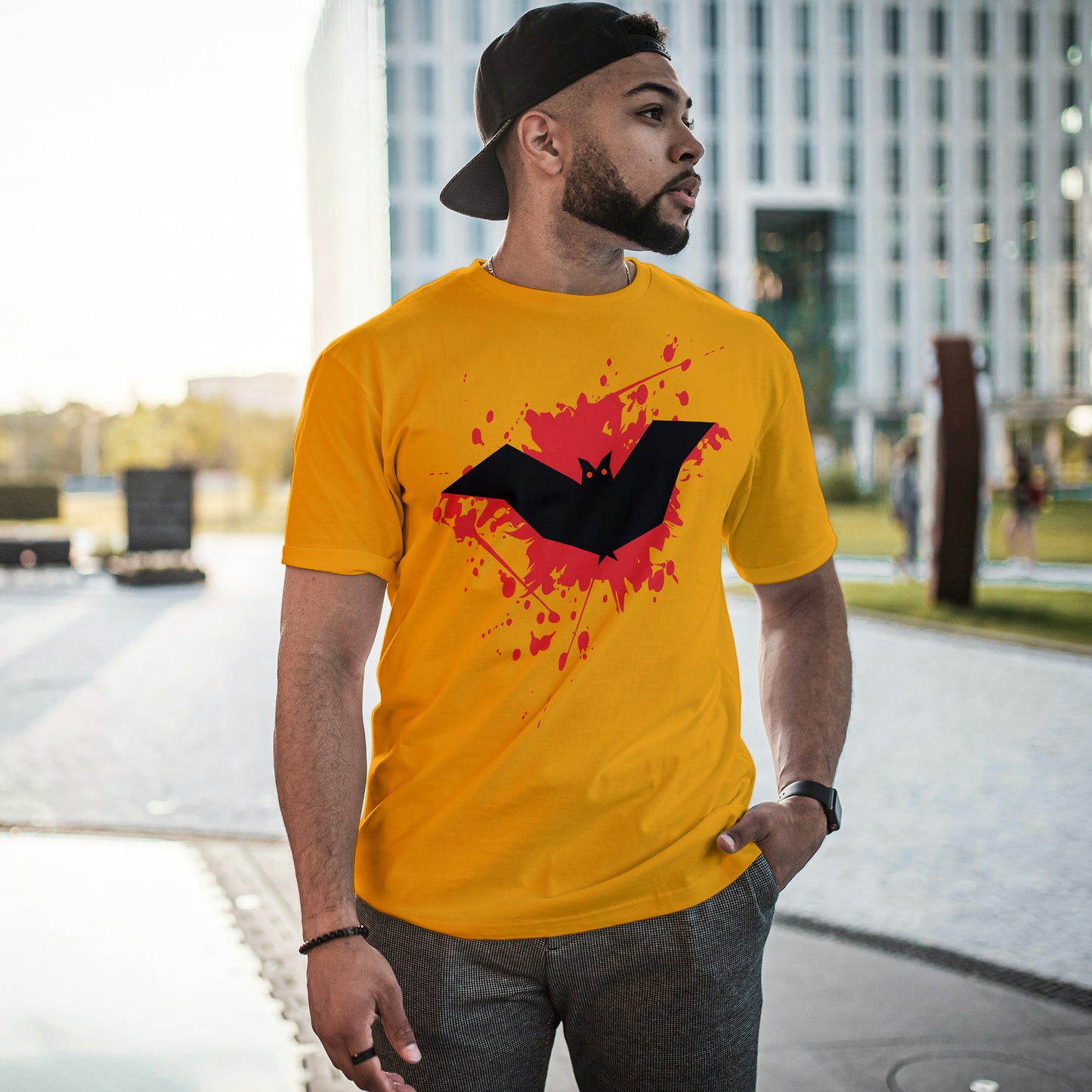 Golden Yellow Round Neck Oversized Cotton Printed T-shirt Blood Bat Unisex