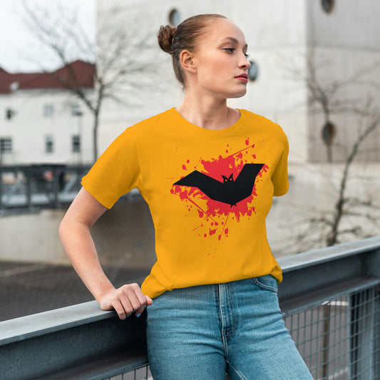 Golden Yellow Round Neck Oversized Cotton Printed T-shirt Blood Bat Unisex