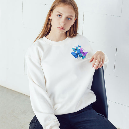 White Cotton Printed Unisex Sweatshirt Butterflies