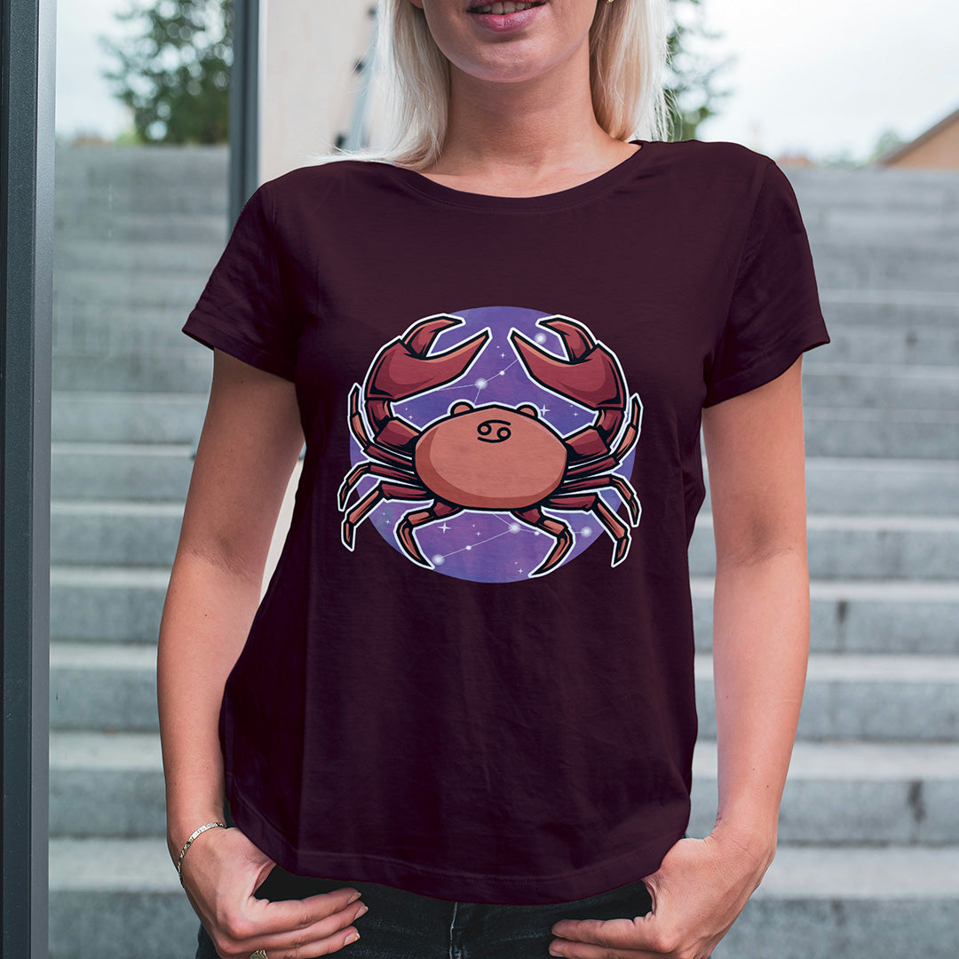 Maroon Round Neck Classic Printed Classic T-Shirt Cancer Horoscope | Women