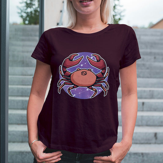 Maroon Round Neck Classic Printed Classic T-Shirt Cancer Horoscope | Women