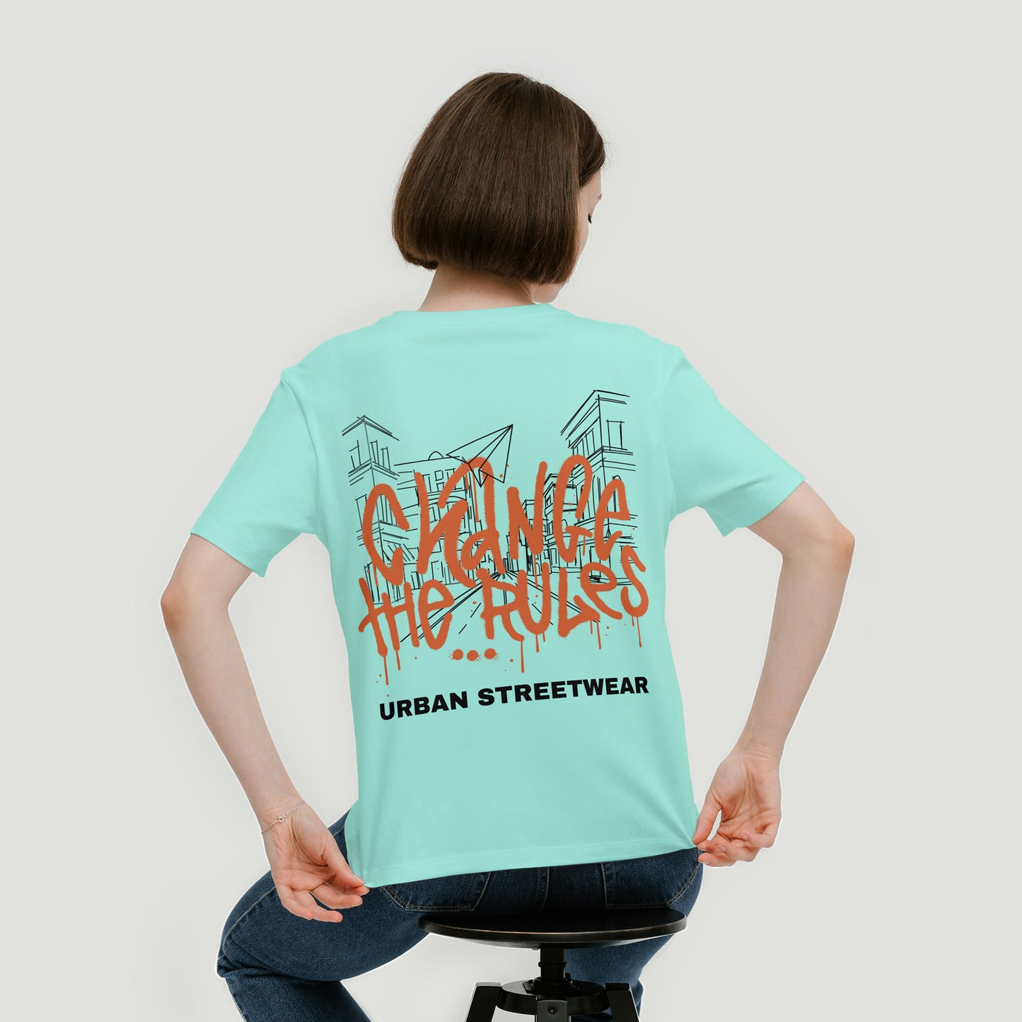 Mint Round Neck Oversized Cotton Printed T-shirt Change the Rules Urban Streetwear Unisex