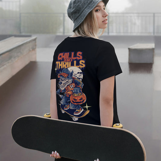 Black Round Neck Classic Printed Classic T-Shirt Chills and Thrills Skate | Women