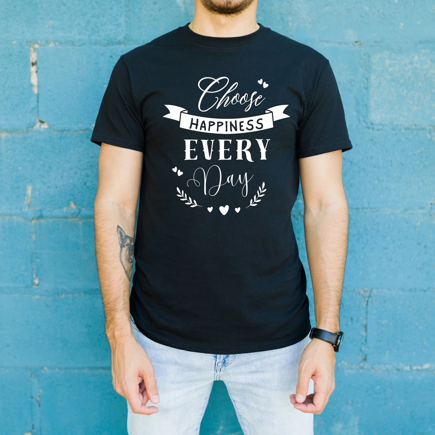 Black Round Neck Classic Crew Solid T-shirt Choose Happiness Every Day
