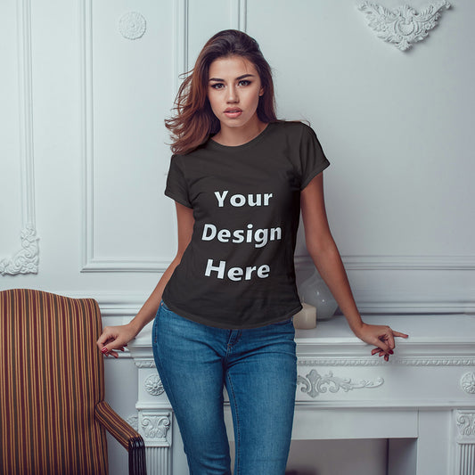 Coffee Brown Round Neck Classic Customized T-Shirt Front Design | Women