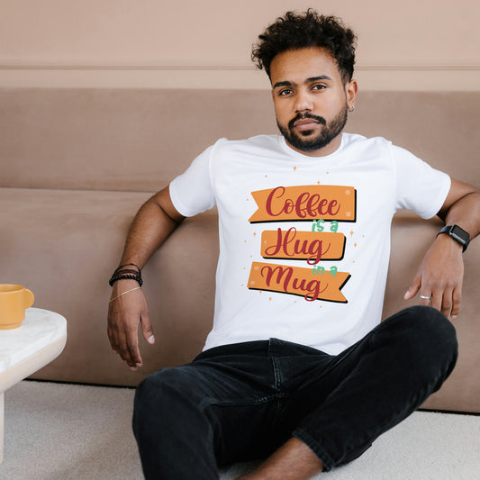 White Round Neck Oversized Cotton Printed T-shirt Coffee is a Hug in a Mug Unisex
