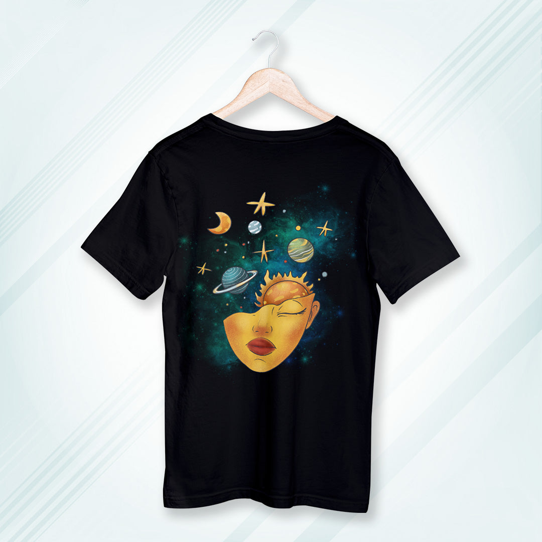Black Round Neck Oversized Cotton Printed T-shirt - Cosmic Serenity