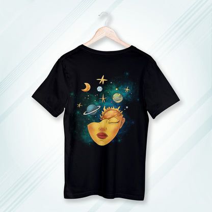 Black Round Neck Oversized Cotton Printed T-shirt - Cosmic Serenity