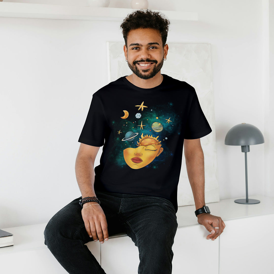 Black Round Neck Oversized Cotton Printed T-shirt - Cosmic Serenity