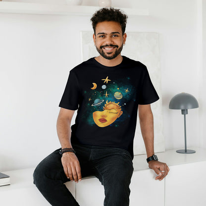 Black Round Neck Oversized Cotton Printed T-shirt - Cosmic Serenity