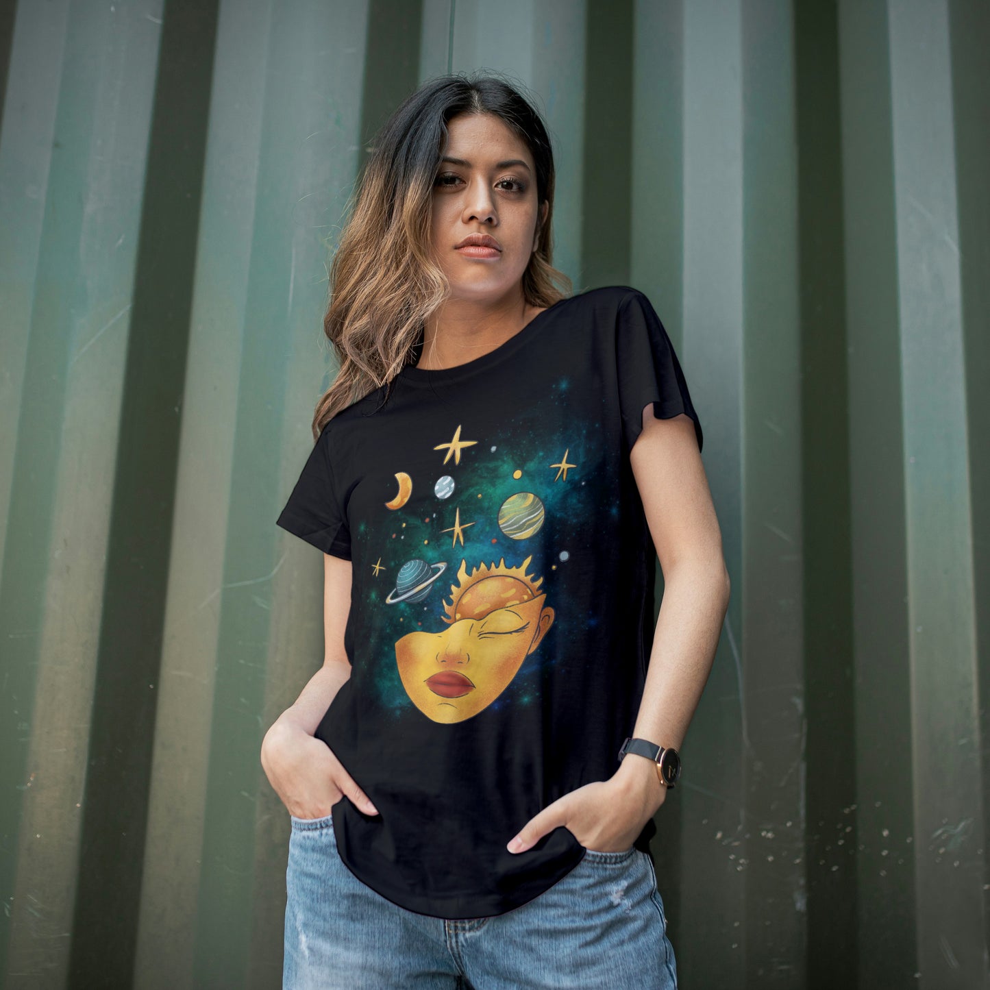 Black Round Neck Oversized Cotton Printed T-shirt - Cosmic Serenity