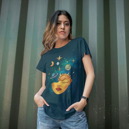 Petrol Blue Round Neck Oversized Cotton Printed T-shirt - Cosmic Serenity